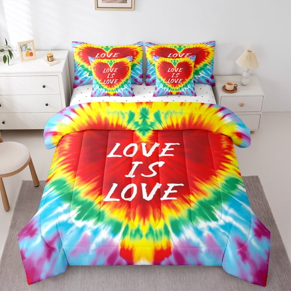 Manfei Watercolor Love Heart Bedding Comforter Set 7-Piece, Love Is Love King Bedding Sets, Colorful Swirl Spiral Bed Sheets, Ultra Soft Home Decor