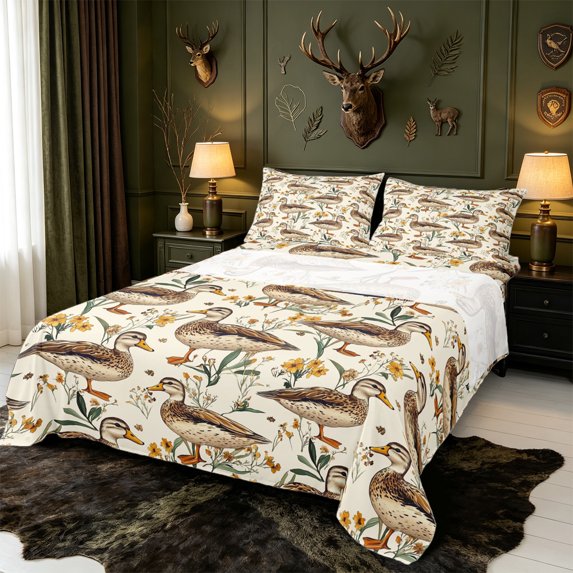 Manfei Watercolor Mallard Duck King Sheets,Rustic Farmhouse CabinBedding,4pcs,1 Flat Sheet,1 Fitted Sheet and 2 Pillowcases