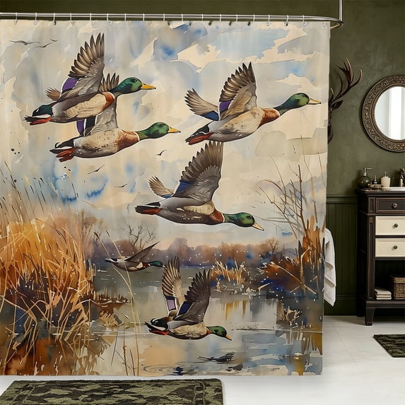 Manfei Watercolor Mallard Duck Shower Curtain 72Wx84L,Farmhouse Animal Bathroom Shower Curtain