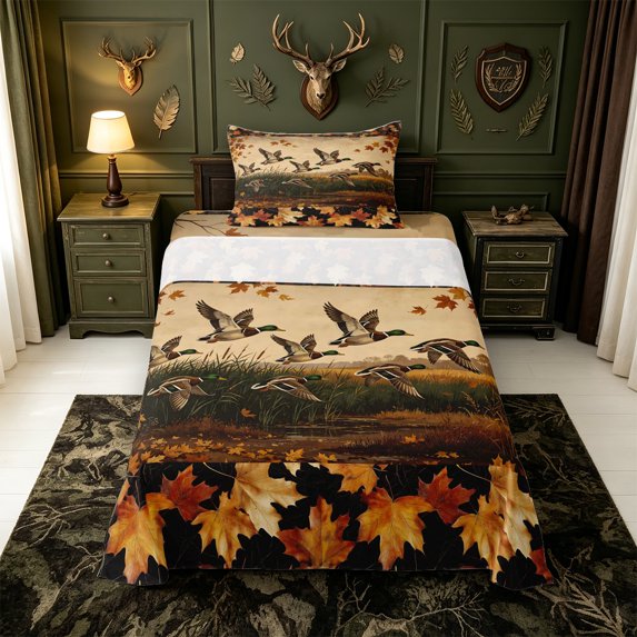 Manfei Watercolor Mallard Duck Twin Sheets,Rustic Animal Bedding,3 Pieces,1 Flat Sheet,1 Fitted Sheet and 1 Pillowcase