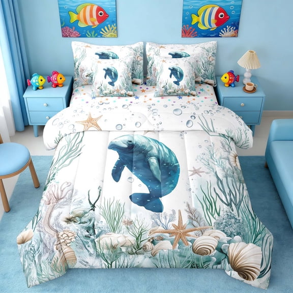 Manfei Watercolor Manatee Underwater Coral Seashell Twin Bedding Sets for Kids Boys and Girls, Nautical Marine Life Print Bedding Comforter Set, Stars Reversible 7pcs