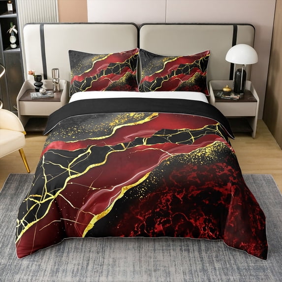 Manfei Watercolor Marble 100% Cotton Duvet Cover Twin Size, Gold Black Red Comforter Cover, Modern Mountain Fluid Bed Cover, Ultra Soft Bedroom Decorative, Reversible 2 Pieces