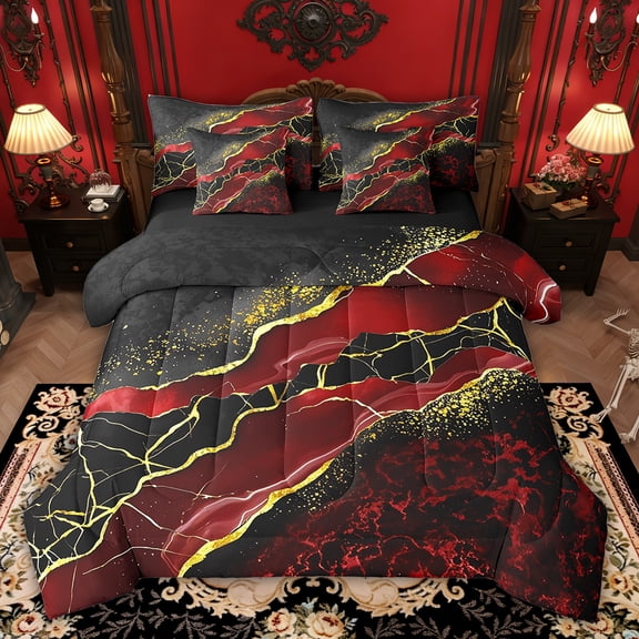 Manfei Watercolor Marble 7-Piece Bedding Sets Full Size, Gold Black Red Comforter Sets with Sheets, Modern Mountain Fluid Bedding Accessories, Ultra Soft Bedroom Decorative