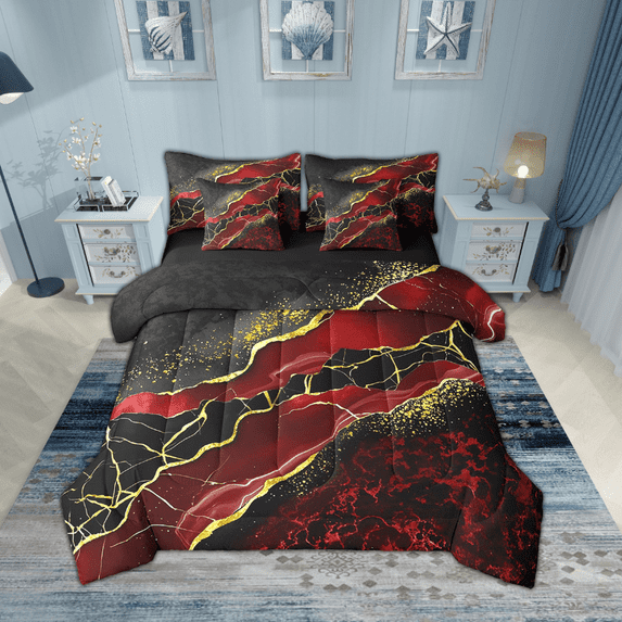 Manfei Watercolor Marble 7pcs Bedding Twin Size, Gold Black Red Comforter Sets with Sheets, Modern Mountain Fluid Bed Set, Ultra Soft Bedroom Decorative