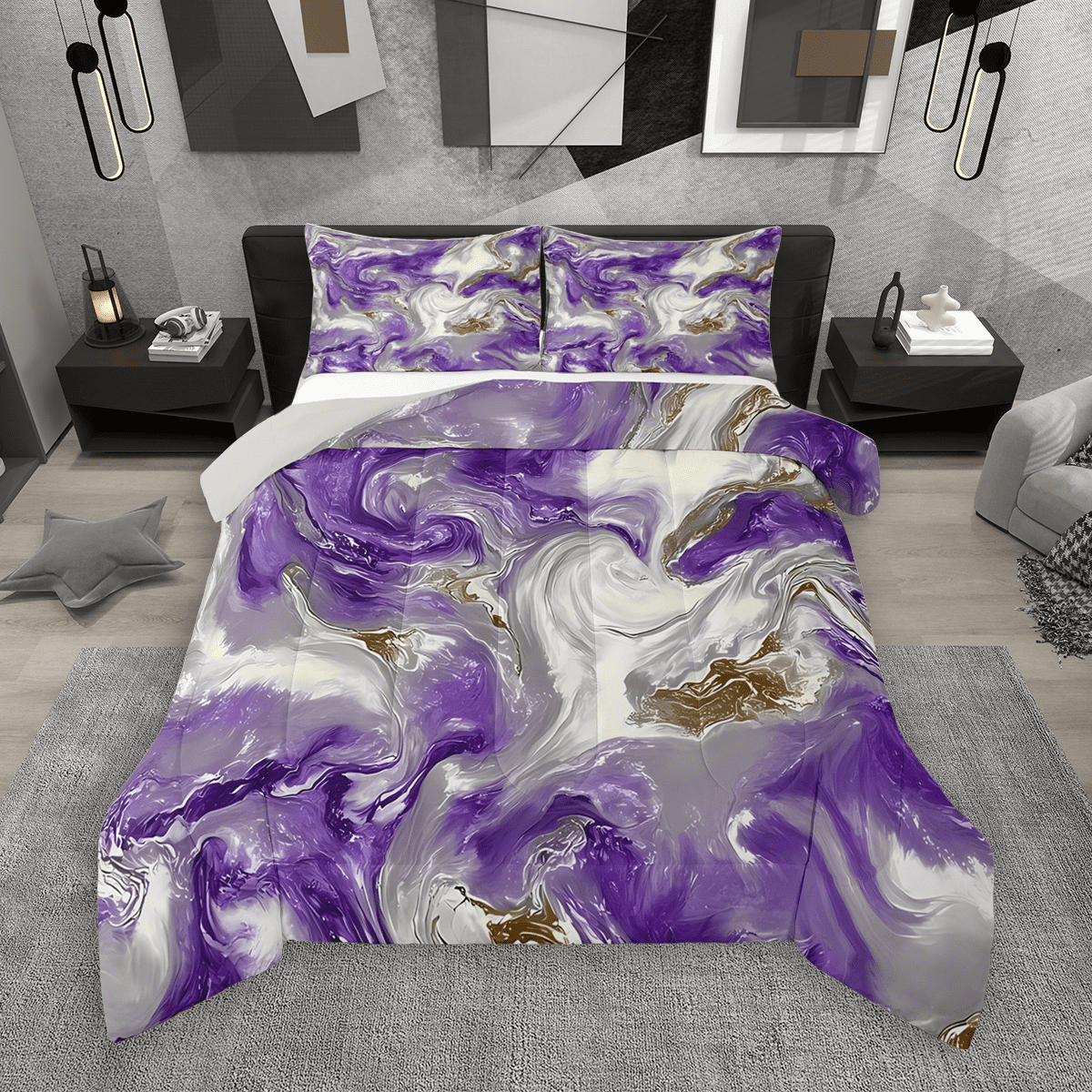 Manfei Watercolor Marble Bedding Comforter Set 2pcs, Modern Abstract
