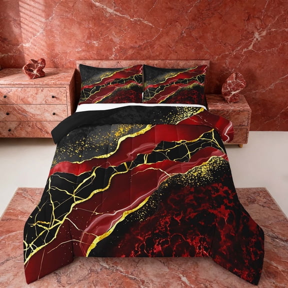 Manfei Watercolor Marble Bedding Full Comforter Set, Gold Black Red Down Comforter, Modern Mountain Fluid Bedding Sets Full with Comforter, Ultra Soft Bedroom Decorative, 3 Pieces Reversible