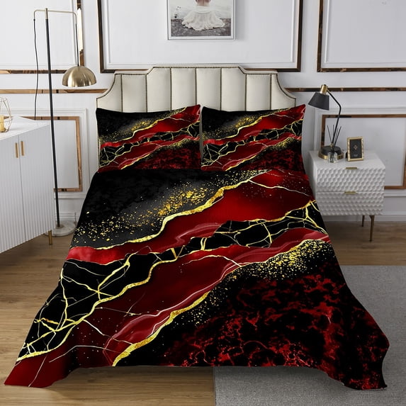 Manfei Watercolor Marble Bedspread Sets Queen Size, Gold Black Red Bed Quilt, Modern Mountain Fluid Bed Cover, Ultra Soft Bedroom Decorative, 3-Piece