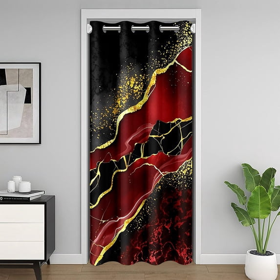 Manfei Watercolor Marble Door Curtain For Doorways 52x80, Gold Black Red Black Out Curtain, Modern Mountain Fluid Door Curtain Hanging Decoration, Ultra Soft Bedroom Decorative