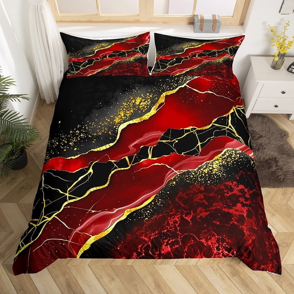 Manfei Watercolor Marble Duvet Cover Queen, Gold Black Red Comforter Cover Queen, Modern Mountain Fluid Bed Cover, Ultra Soft Bedroom Decorative, Zipper Closure and Reversible 3pcs
