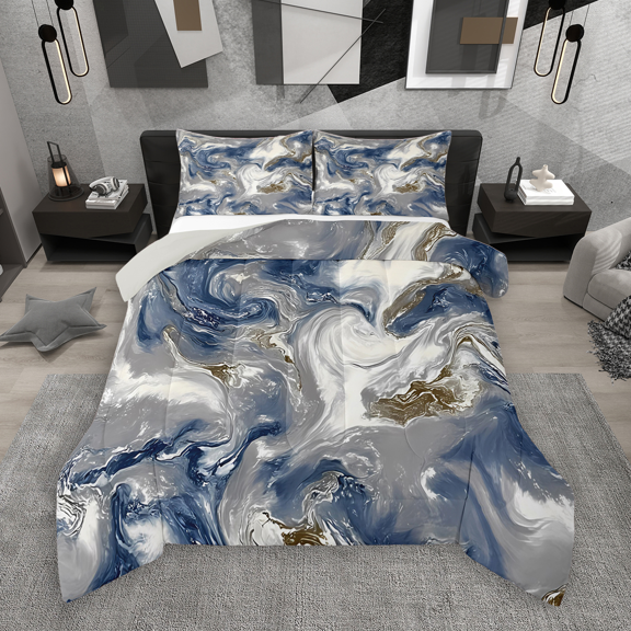 Manfei Watercolor Marble Full Size Comforter Sets 3-Piece, Modern Abstract Bedding Comforter Set, Blue Gray Mountain Fluid Bedding Sets, Breathable Home Decor