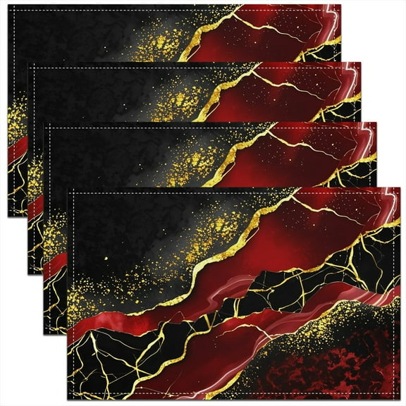 Manfei Watercolor Marble Placemats Set of 4, Gold Black Red Table Mats for Dining Table Set of 4, Modern Mountain Fluid Table Place Mats for in Door Dining, Stylish Dining Room Decorative