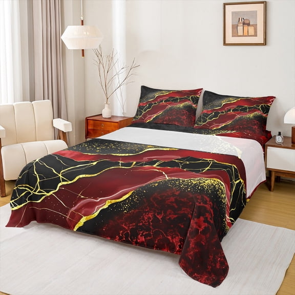 Manfei Watercolor Marble Queen Sheet Sets, Gold Black Red Bedding Queen Size, Modern Mountain Fluid Fitted Sheet, Ultra Soft Bedroom Decorative, 4 Pieces