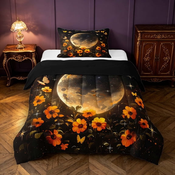 Manfei Watercolor Moon Printed Twin Comforter Sets,Sparkling Floral Butterfly Print Bedding Set,Black Orange,Black Reversible,2pcs,1 Comforter and 1 Pillowcase