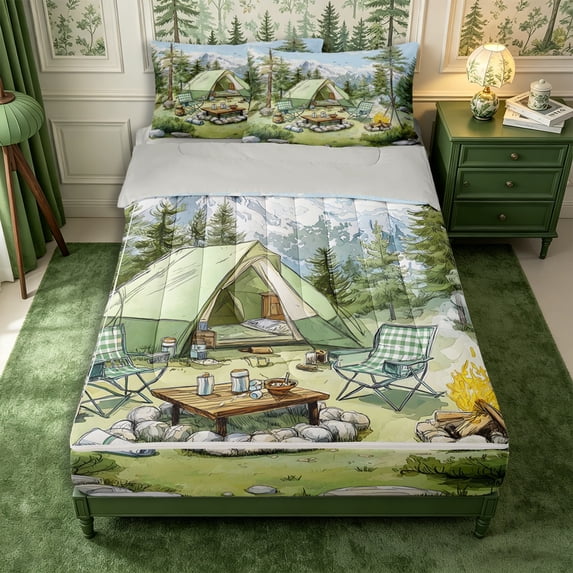 Manfei Watercolor Mountain Campsite Pattern Zipper Full Size Comforter Sets with Fitted Sheet and 2 Pillowcases,Wilderness Tent Print Zipper Bedding Set,Green Light Blue,Reversible