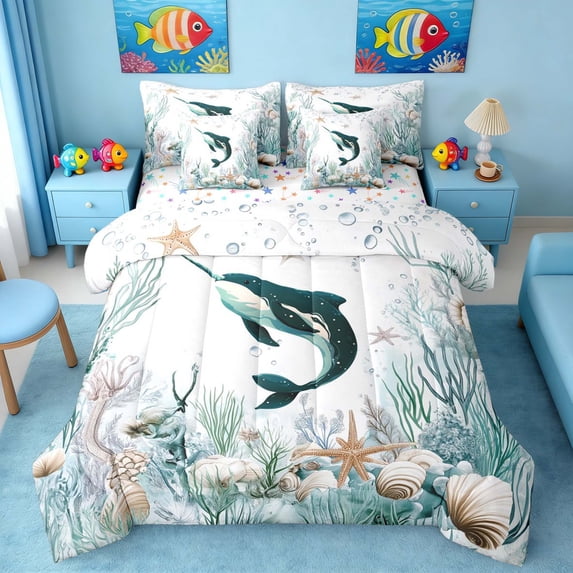 Manfei Watercolor Narwhal Underwater Coral Seashell Bedding Comforter Set for Kids Boys and Girls, Nautical Marine Life Print King Bedding Sets, Stars Reversible 7pcs