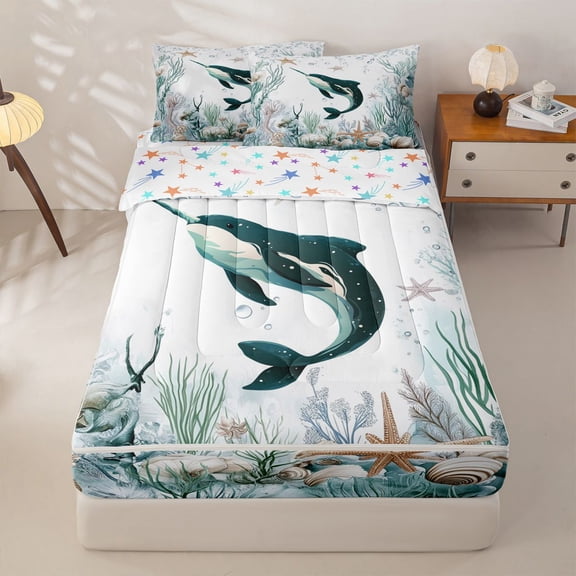 Manfei Watercolor Narwhal Underwater Coral Seashell Zipper Twin Comforter Sets with Fitted Sheet and 2 Pillowcases, Nautical Marine Life Print Zipper Bedding Set, Stars Reversible, 4 Pieces