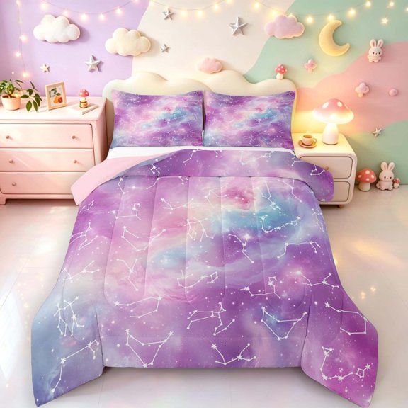 Manfei Watercolor Nebula Queen Comforter Set,Celestial Constellations Comforter Sets Queen,Pink,Pink Reversible,3pcs,1 Comforter and 2 Pillowcases