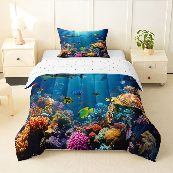 Manfei Watercolor Ocean Twin Comforter Sets,Cartoon Sea Plant Bedding Set,Blue,Reversible,2 Pieces,1 Comforter and 1 Pillowcase