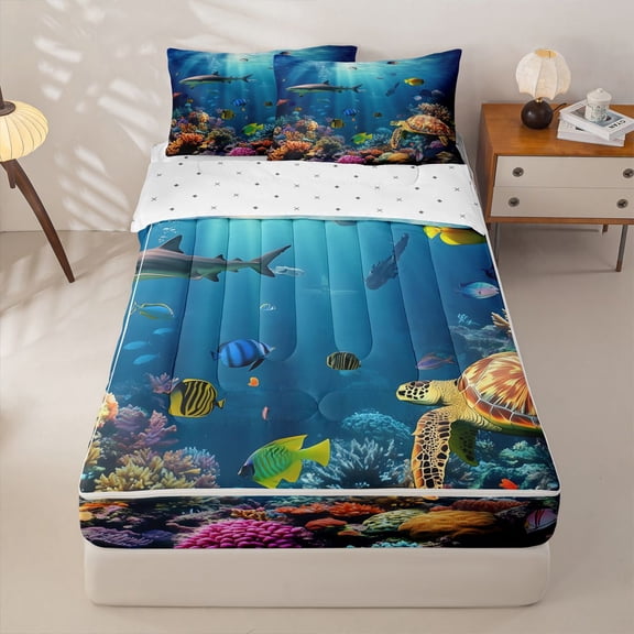 Manfei Watercolor Ocean Zipper Twin Comforter Sets with Fitted Sheet and 2 Pillowcases,Cartoon Sea Plant Zipper Bedding Set,Blue,Reversible,4pcs