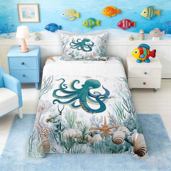 Manfei Watercolor Octopus Underwater Coral Seashell Twin Sheet Sets for Kids Boys and Girls, Nautical Marine Life Print Bedding 3 Pieces, 1 Flat Sheet, 1 Fitted Sheet and 1 Pillowcase