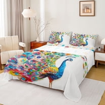 Manfei Watercolor Oil Painting Twin Sheet Sets,Kawaii Peacock Twin Fitted Sheet,Cute Zoo Animal Flat Sheet For Girl Teens,Ultra Soft Home Decor,3pcs