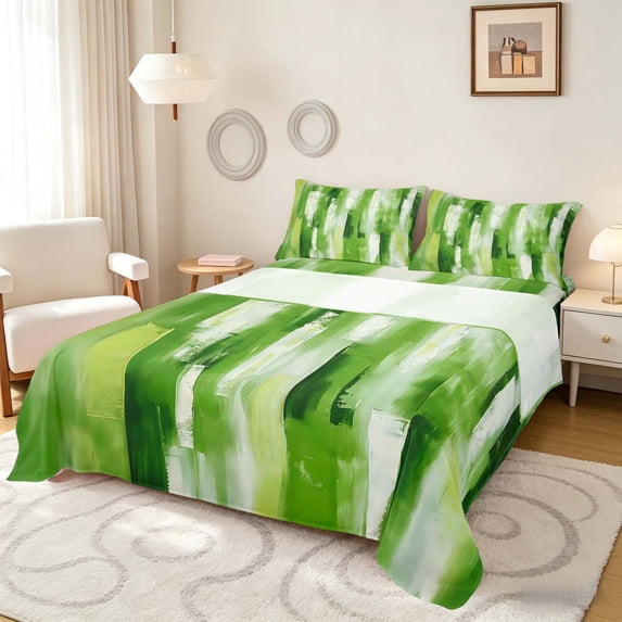 Manfei Watercolor Ombre Queen Sheets, Abstract Artwork Queen Sheet Sets, Green White, Reversible 4 Pieces1 Flat Sheet + 1 Fitted Sheet + 2 Pillowcases
