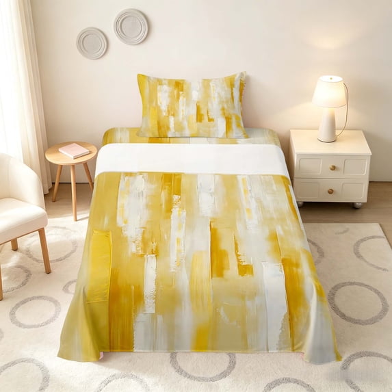 Manfei Watercolor Ombre Twin Sheets, Abstract Artwork Bedding, Yellow White, Reversible 3pcs1 Flat Sheet + 1 Fitted Sheet + 1 Pillowcase