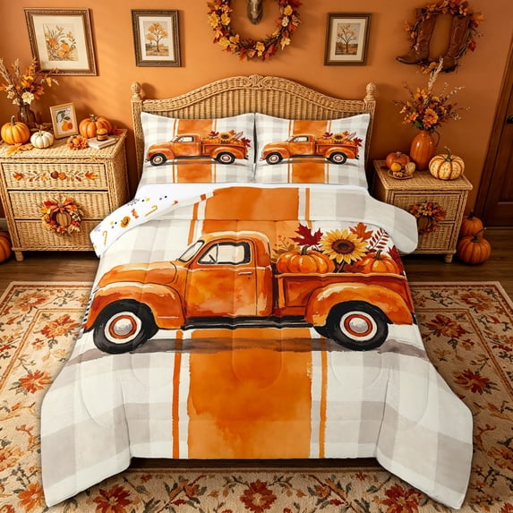 Manfei Watercolor Orange Fall Truck Full Size Comforter Sets for Kids, Autumn Sunflower Plaid Bedding Comforter Set, Halloween Reversible, 3 Pieces, 1 Comforter and 2 Pillowcases