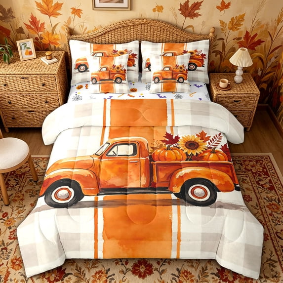 Manfei Watercolor Orange Fall Truck King Bedding for Kids, Autumn Sunflower Plaid King Bed in a Bag, Halloween Reversible, 7 Pieces