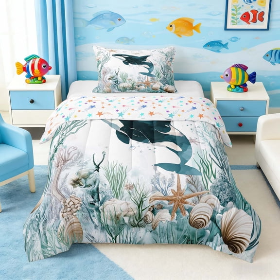 Manfei Watercolor Orca Underwater Coral Seashell Twin Comforter Sets for Kids Boys and Girls, Nautical Marine Life Print Bedding Set, Stars Reversible 2-Piece, 1 Comforter and 1 Pillowcase