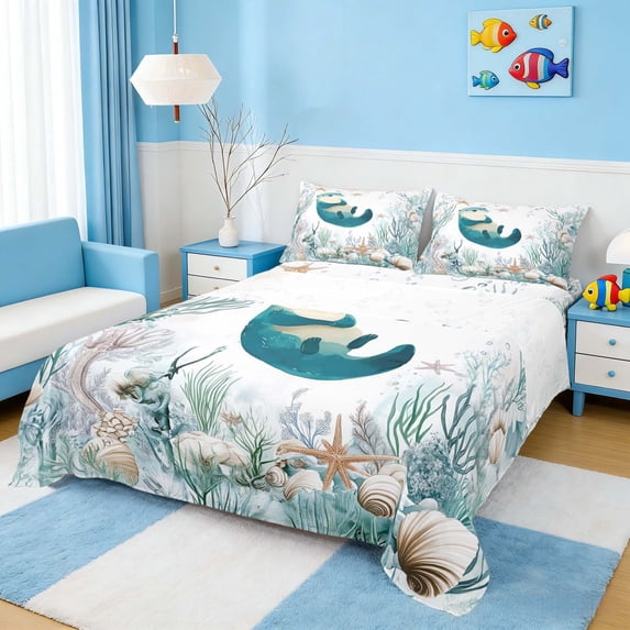 Manfei Watercolor Otter Underwater Coral Seashell Queen Sheet Sets for Kids Boys and Girls, Nautical Marine Life Print Bed Set 4-Piece, 1 Flat Sheet, 1 Fitted Sheet and 2 Pillowcases