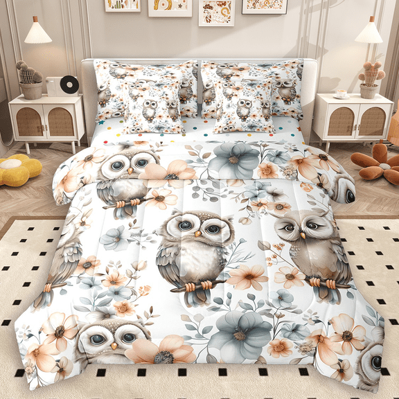 Manfei Watercolor Owl Bedding Comforter Set 7pcs for Kids, Spring Floral Flower King Bedding Sets, Cute Animal Bed Sheets, Breathable Home Decor
