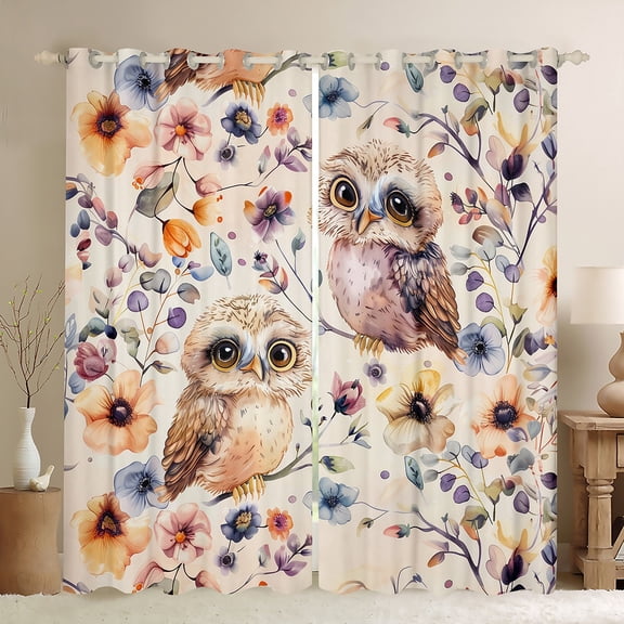 Manfei Watercolor Owl Blackout Curtains Set of 2 (52x84 Each) for Kids, Spring Floral Flower Window Curtains, Cute Animal Curtains and Drapes, Luxury Bedroom Decor