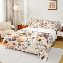 Manfei Watercolor Owl Twin Sheet Sets 3pcs for Kids, Spring Floral Flower Twin Fitted Sheet, Cute Animal Flat Sheet, Microfiber Bedroom Decor