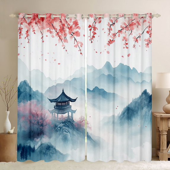 Manfei Watercolor Pagoda Black Out Curtains for Girls Women, Blue Sakura Mountain Curtains Pack of 2 (42x63 Each), Blue Pink White