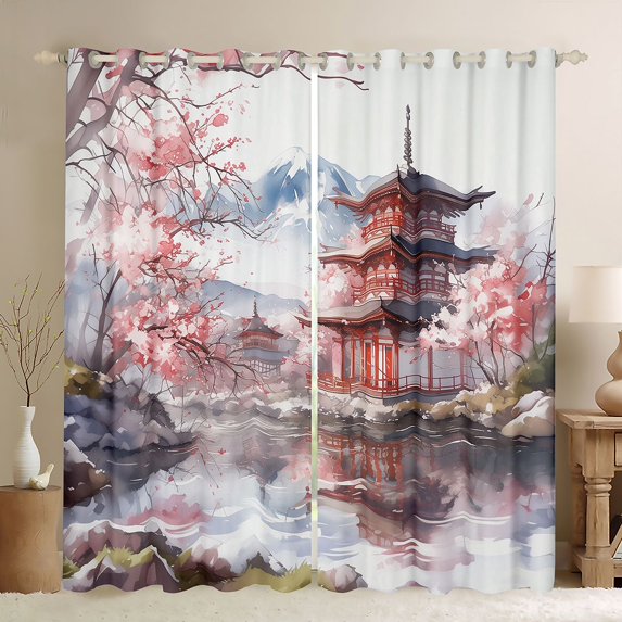 Manfei Watercolor Pagoda Black Out Curtains for Home, Fuji Sakura Curtains Pack of 2 (42x63 Each) for Office, Pink Gray White