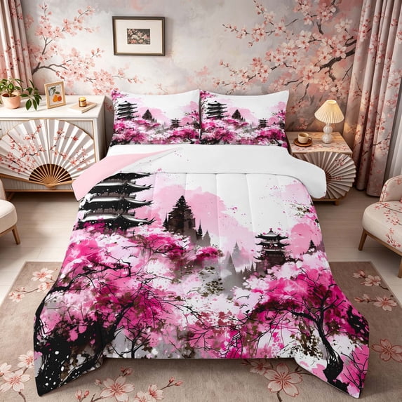 Manfei Watercolor Pagoda Full Size Comforter Sets for Home, Cherry Blossom Bedding Sets for Office, Pink Black White, Pink Reversible 3 Pieces, 1 Comforter and 2 Pillowcases