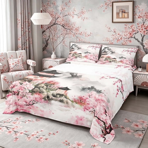 Manfei Watercolor Pagoda Full Size Sheets for Home, Sakura Mountain Bed Sheets for Office, Pink Black White 4-Piece, 1 Flat Sheet, 1 Fitted Sheet and 2 Pillowcases