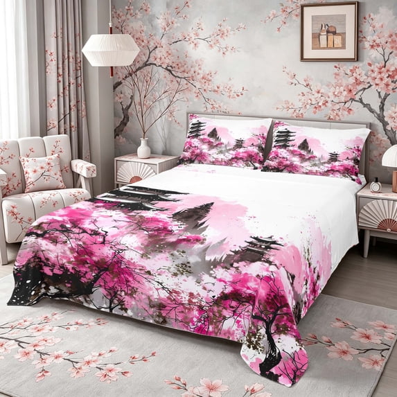 Manfei Watercolor Pagoda Queen Sheet Sets for Home, Cherry Blossom Bed Set for Office, Pink Black White 4 Pieces, 1 Flat Sheet, 1 Fitted Sheet and 2 Pillowcases