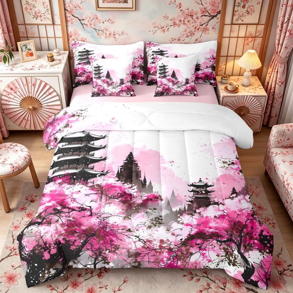 Manfei Watercolor Pagoda Twin Bedding Sets for Home, Cherry Blossom Bedding Comforter Set for Office, Pink Black White, Pink Reversible7 Pieces