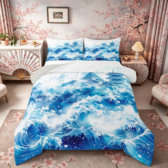 Manfei Watercolor Pagoda Wave Queen Comforter Set for Girls Women, Fuji Mountain Bedding Comforter Set, Blue White, Gray Reversible 3-Piece, 1 Comforter and 2 Pillowcases
