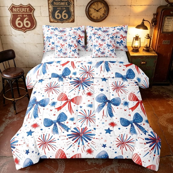 Manfei Watercolor Patriotic Bow Twin Bedding, Firework Ribbon Bedding Comforter Set, Red White Blue, Reversible 7 Pieces