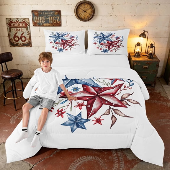 Manfei Watercolor Patriotic Star Queen Comforter Set, Red Blue Floral Comforter Sets Queen, Black Reversible 3pcs, 1 Comforter and 2 Pillowcases