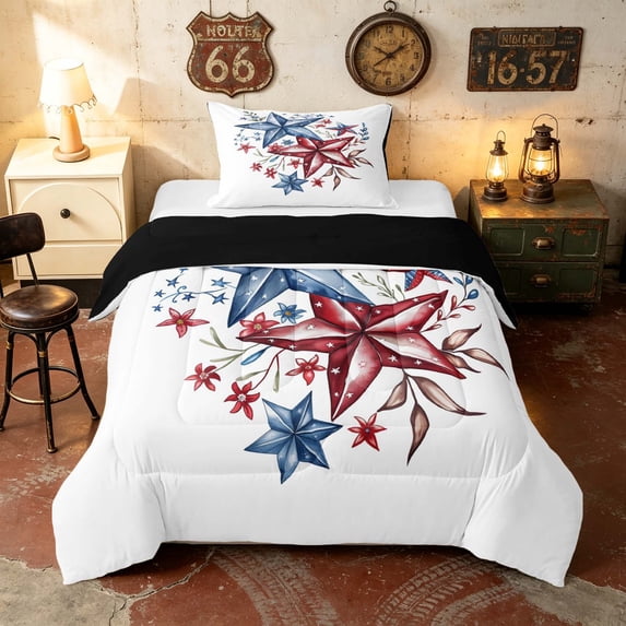 Manfei Watercolor Patriotic Star Twin Comforter Sets, Red Blue Floral Bedding Set, Black Reversible 2 Pieces, 1 Comforter and 1 Pillowcase