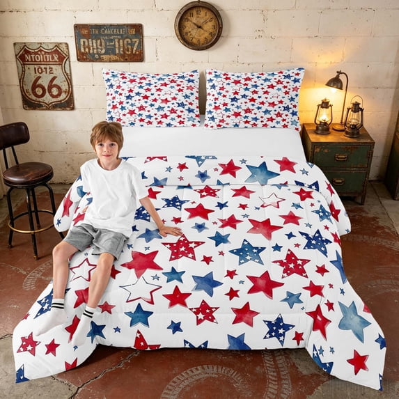 Manfei Watercolor Patriotic Stars Queen Comforter Set, USA Flag Comforter Sets Queen, Red Blue White, Polka Dots Reversible 3-Piece, 1 Comforter and 2 Pillowcases