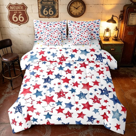 Manfei Watercolor Patriotic Stars Twin Bedding, USA Flag Bedding Comforter Set, Red Blue White, Polka Dots Reversible 7pcs