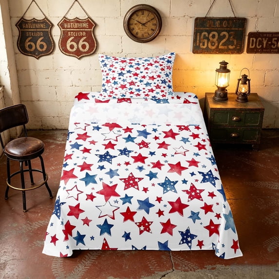Manfei Watercolor Patriotic Stars Twin Sheets, USA Flag Bedding, Red Blue White, Polka Dots Reversible 3pcs (1 Flat Sheet, 1 Fitted Sheet and 1 Pillowcase)