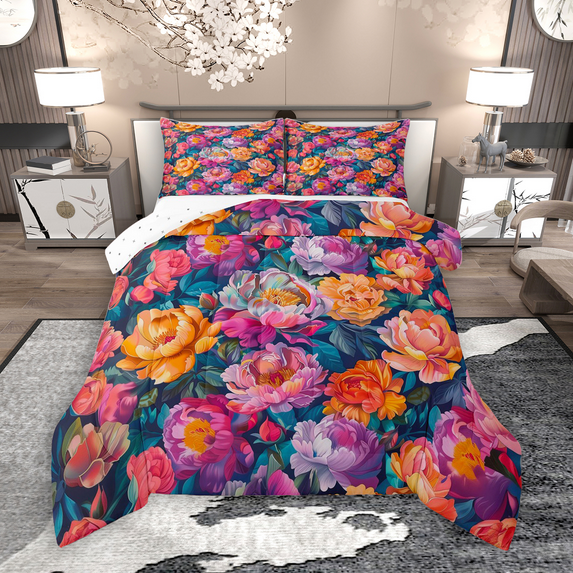Manfei Watercolor Peony Flower Bedding Comforter Set 2pcs, Colorful Floral Twin Comforter Sets, Oil Painting Blossoms Bedding Set, Lightweight Room Decor