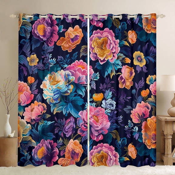 Manfei Watercolor Peony Flower Curtains Pack of 2 (42x84 Each), Colorful Floral Curtains Blackout, Oil Painting Blossoms Bedroom Curtains, Luxury Bedroom Decor