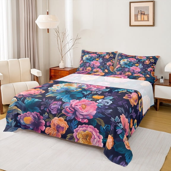 Manfei Watercolor Peony Flower Twin Sheet Sets 3pcs, Colorful Floral Twin Fitted Sheet, Oil Painting Blossoms Flat Sheet, Luxury Bedroom Decor